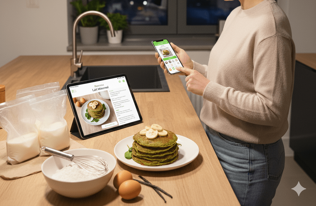 Femme qui regarde le ebook 100 faon de cuisine son lait maternel dans sa cuisine devant une assiette de pancake