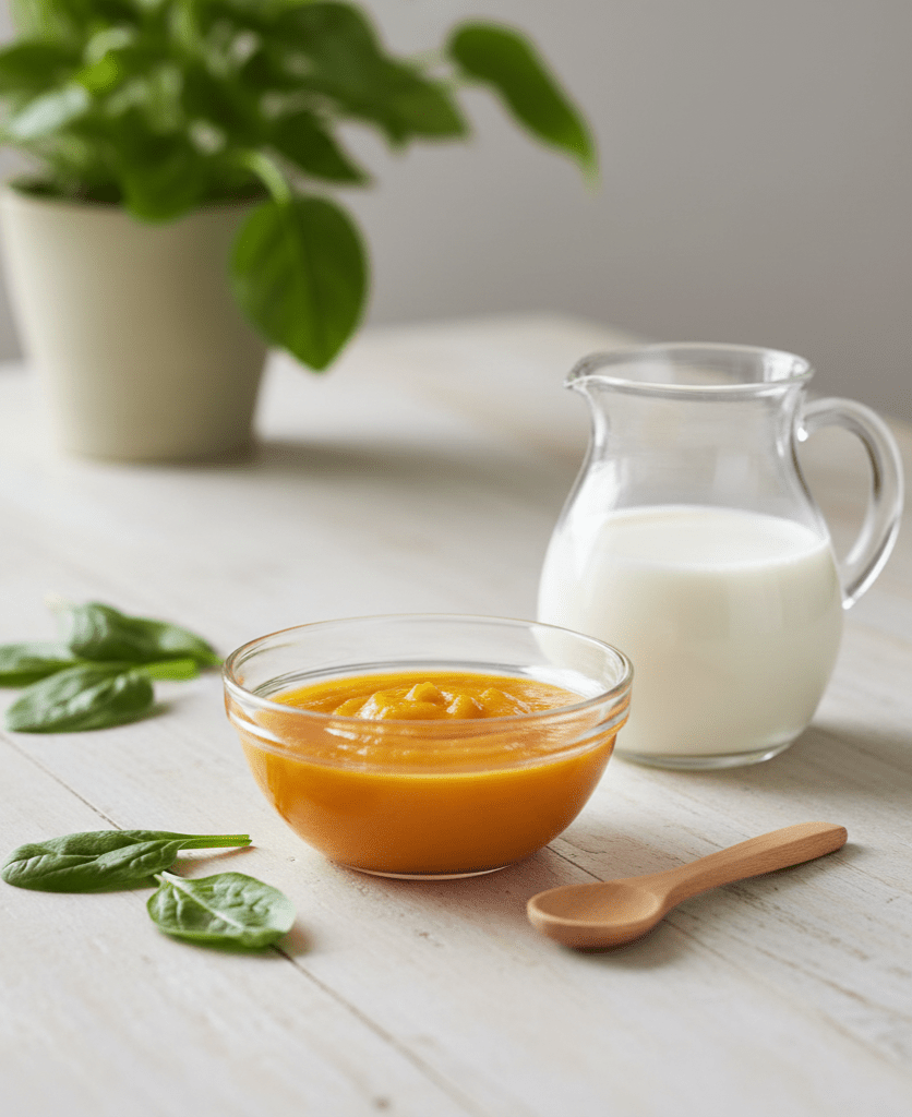 Carafe de lait maternel et purée de légume et lait